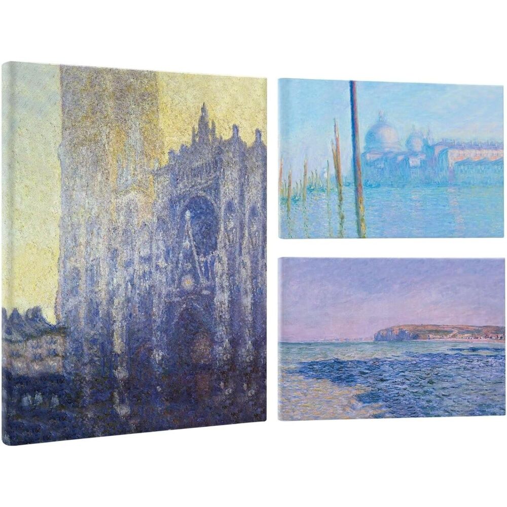 Claude Monet Wall Art Set of 3 Framed Canvas Rouen Cathedral Sunlight 18X24 Inch